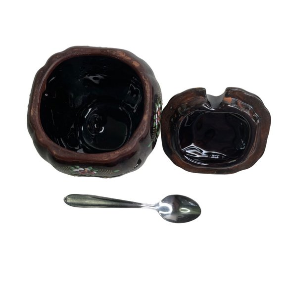 Redware Sugar Bowl Jam Jelly Jar Japan Vintage Hand Painted Ceramic 4.5" x 3.25" - Picture 3 of 9